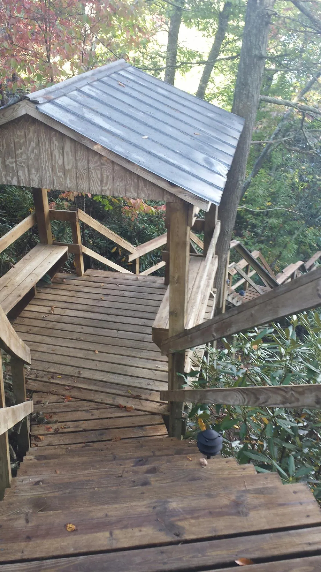 Metal roofed shelter over wooden steps on a wooded walkway — Skylight Repair & Installation work by our crew in Quinton